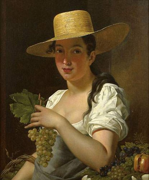 Young woman with hat and grapes, vintage artwork by Pieter van Hanselaere, 12x8" (A4) Poster