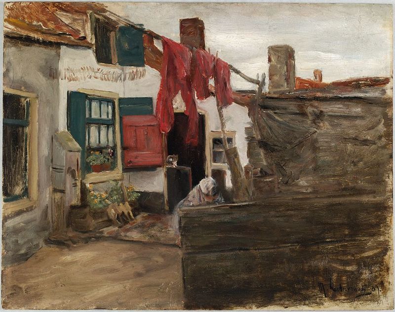 Dutch Village Scene with Hanging Laundry, vintage artwork by Max Liebermann, 12x8" (A4) Poster