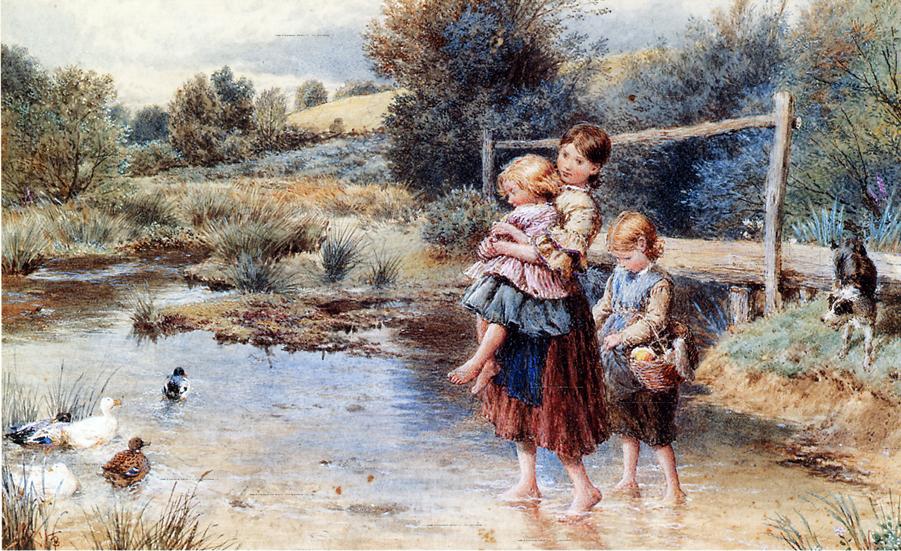 Children Paddling in a Stream, vintage artwork by Myles Birket Foster, 12x8" (A4) Poster