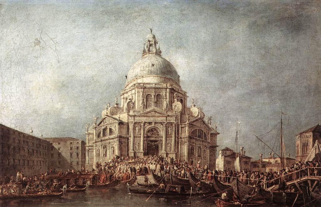 The Doge at the Basilica of Santa Maria Della Salute, vintage artwork by Francesco Guardi, 12x8" (A4) Poster