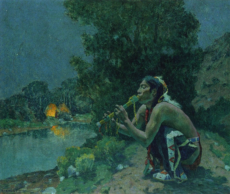 Flute Song, Moonlight, vintage artwork by Eanger Irving Couse, 12x8" (A4) Poster