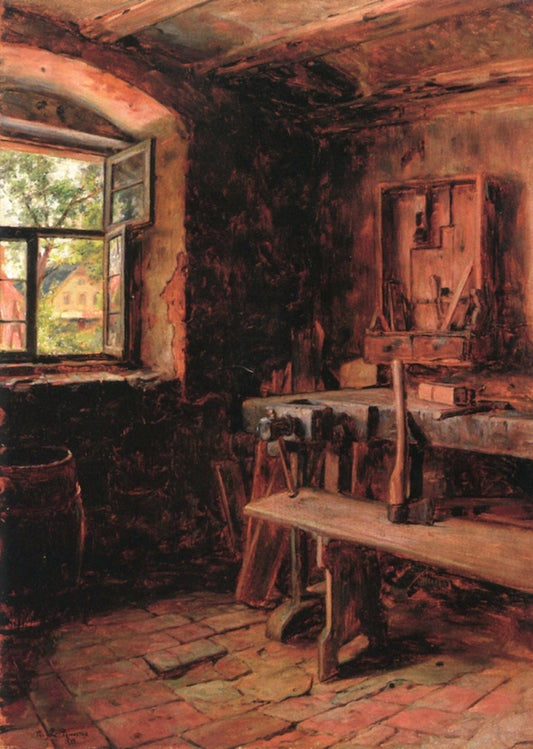 Interior of a Woodcarver's Shop, vintage artwork by Toby  Edward Rosenthal, 12x8" (A4) Poster