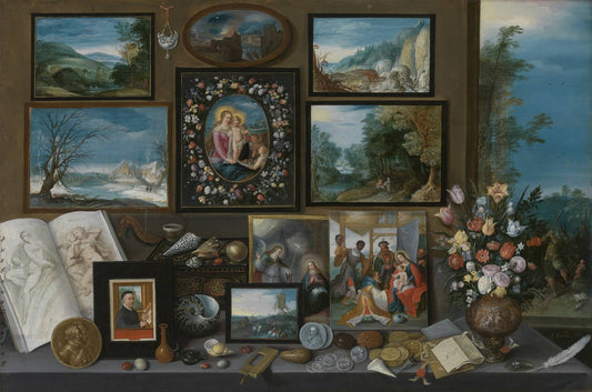 The cabinet of a collector with paintings, shells, coins, fossils and flowers, vintage artwork by Frans Francken the Younger, 12x8" (A4) Poster