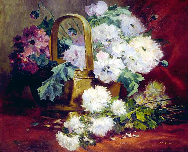 Still-Life of Flowers in a Basket, vintage artwork by Eugene Henri Cauchois, 12x8" (A4) Poster