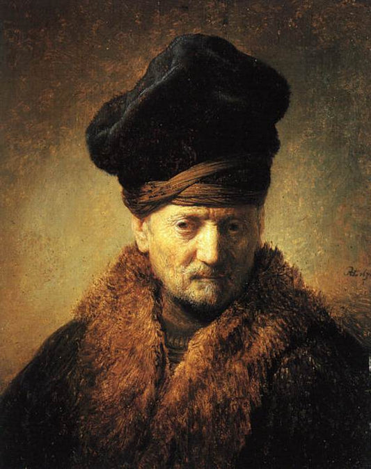 Bust of an Old Man in a Fur Cap, vintage artwork by Rembrandt van Rijn, 12x8" (A4) Poster