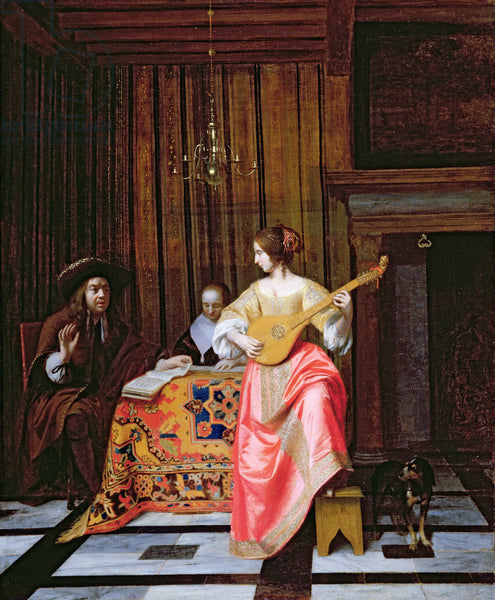 A woman with a citern and a singing couple at a table, vintage artwork by Pieter de Hooch, 12x8" (A4) Poster