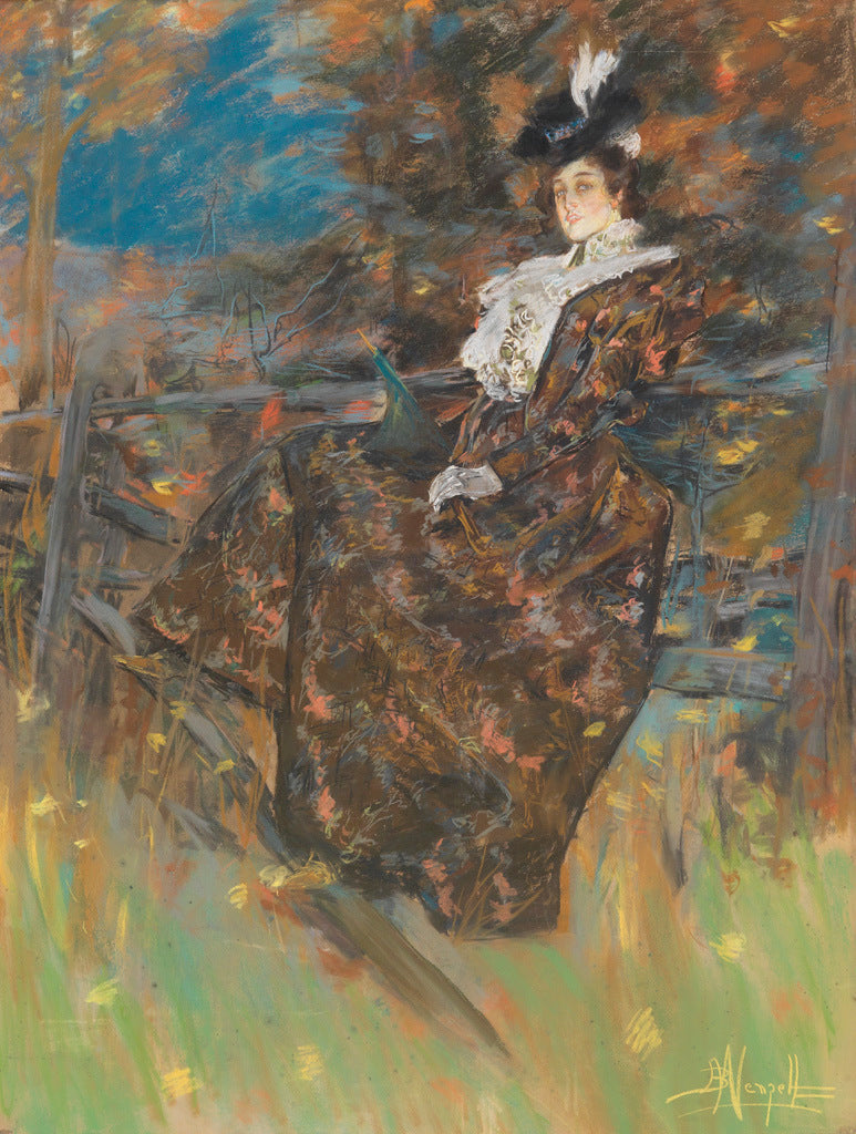 An Elegantly Dressed Woman on Fence by Albert Beck Wenzell,A3(16x12")Poster