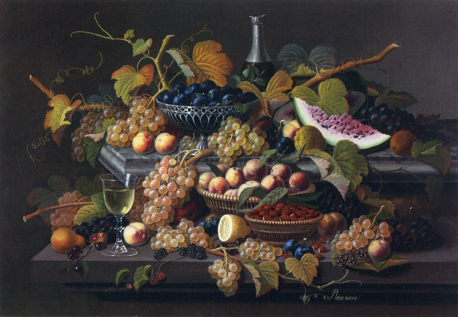 Elaborate Still Life with Silver Basket of Plums, vintage artwork by Severin Roesen, A3 (16x12") Poster Print