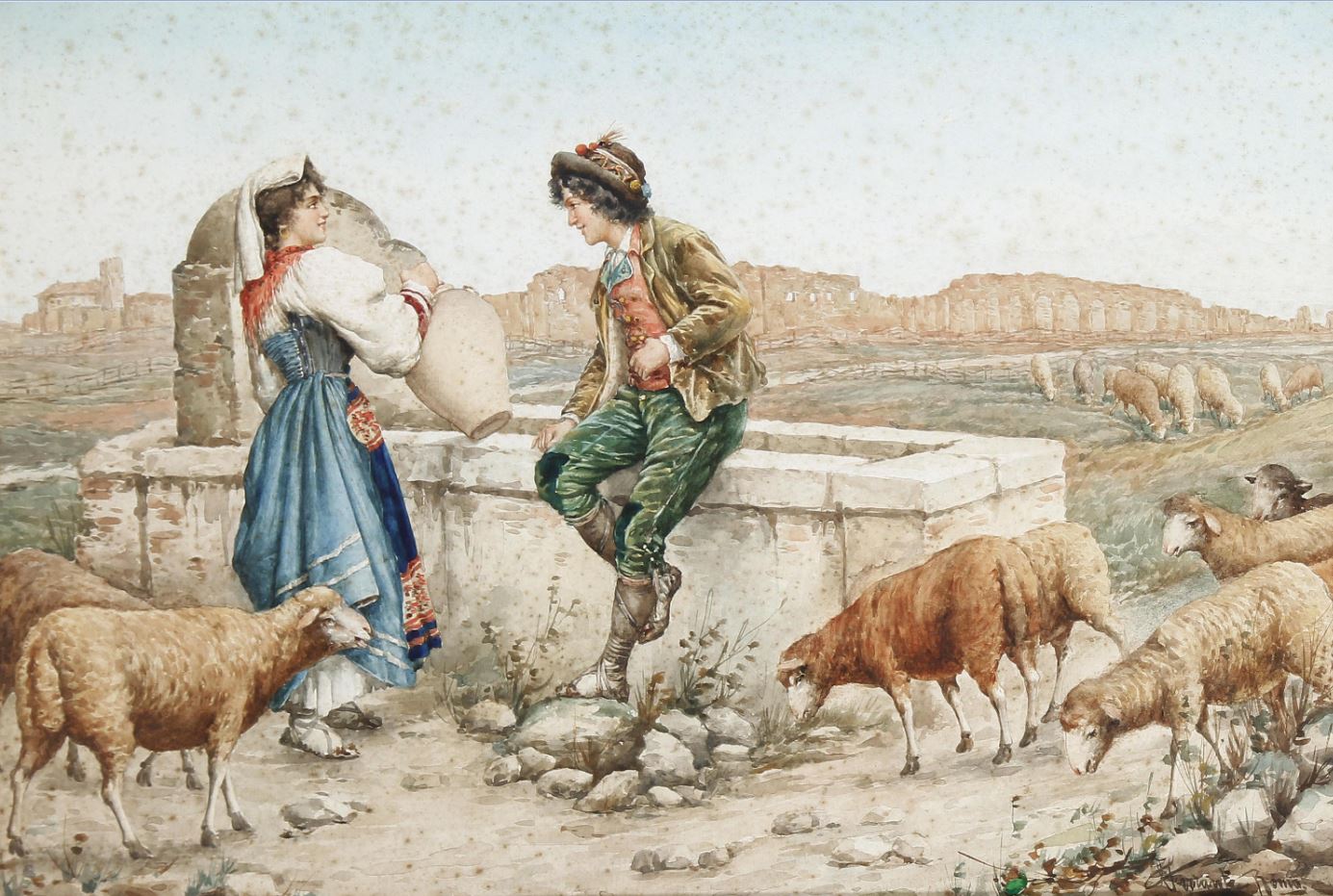 Flirting by  the well, vintage artwork by Carlo Ferranti, 12x8" (A4) Poster