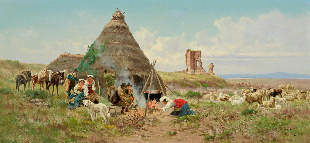 Shepherds Resting in the Roman Campagna, vintage artwork by Pietro Barucci, 12x8" (A4) Poster