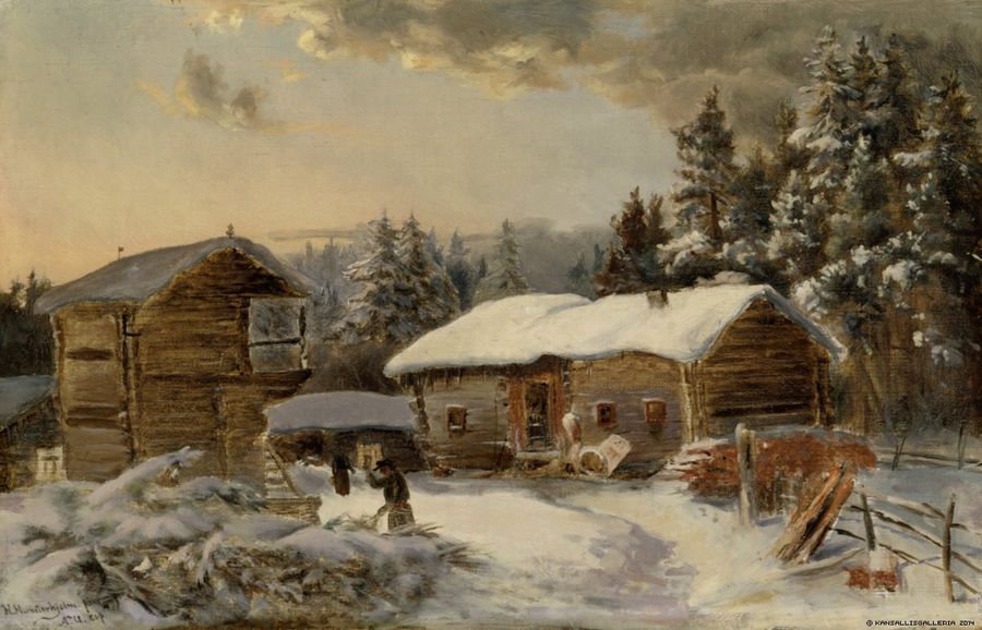 Farmhouse in Winter, vintage artwork by Aukusti Uotila, 12x8" (A4) Poster