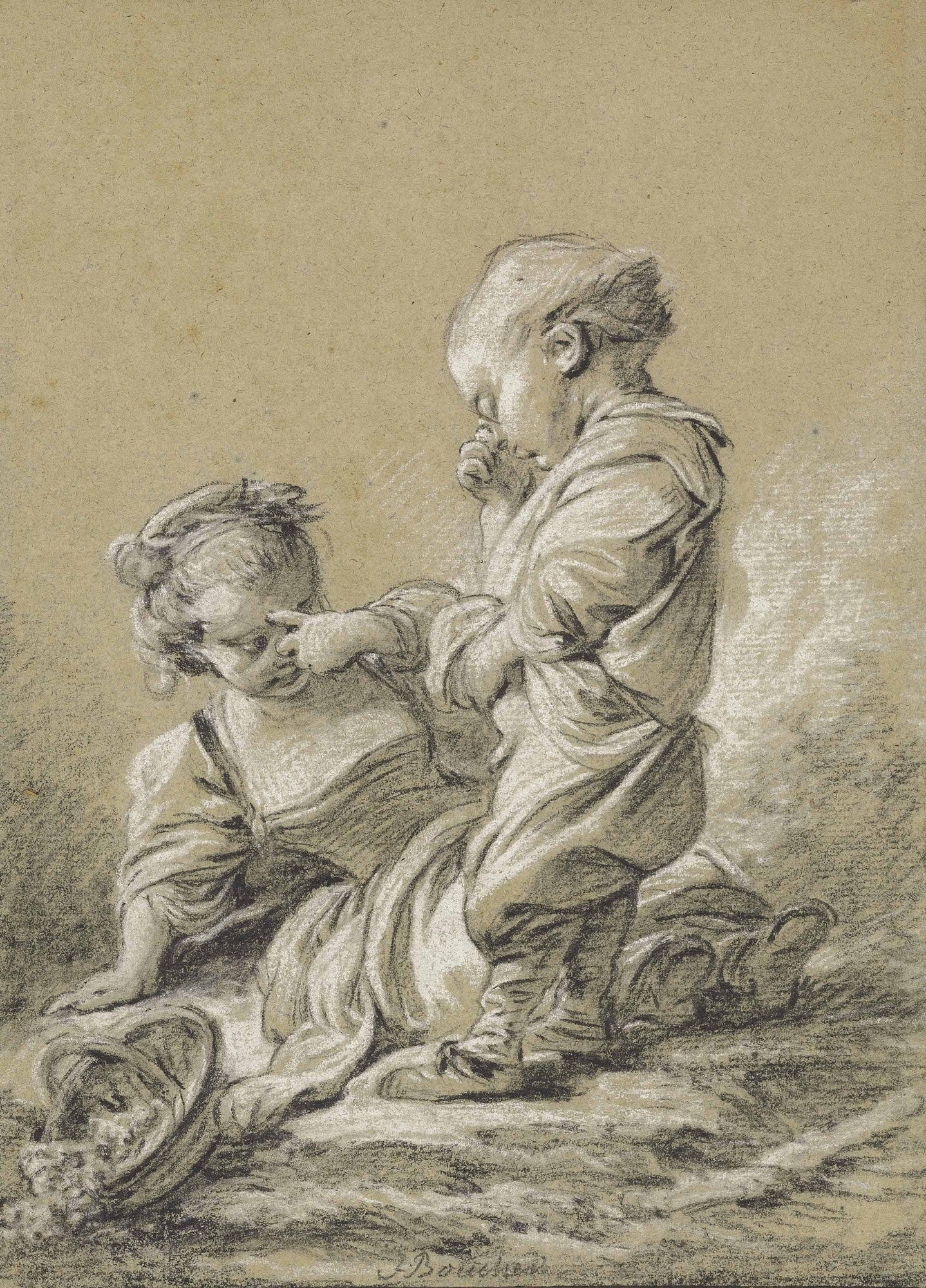 A Boy Upsetting a Little Girl, vintage artwork by François Boucher, 12x8" (A4) Poster