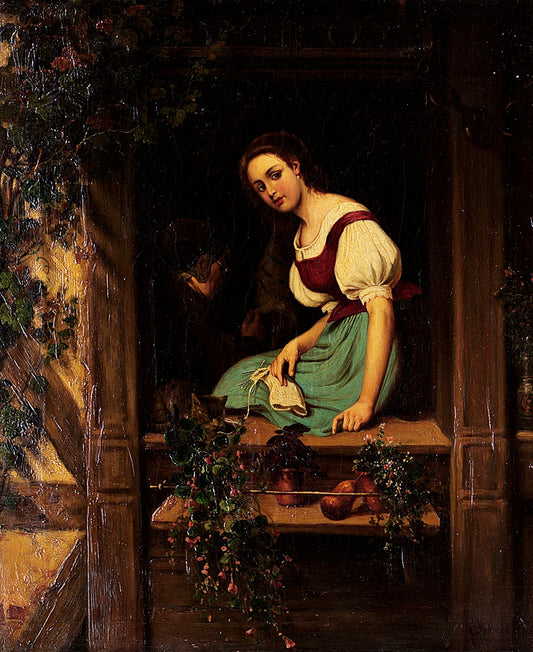 Young Woman Knitting in a Window, vintage artwork by Johan Christoffer Boklund, A3 (16x12") Poster Print