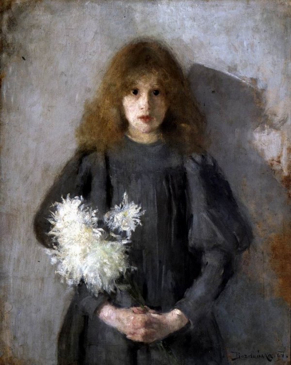 Girl with Chrysanthemums, vintage artwork by Olga Boznańska, 12x8" (A4) Poster