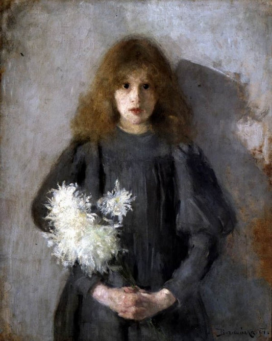 Girl with Chrysanthemums, vintage artwork by Olga Boznańska, 12x8" (A4) Poster
