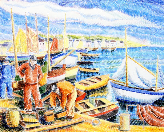 Fishermen on the Bridge at Camaret, vintage artwork by Pierre de Belay, A3 (16x12") Poster Print