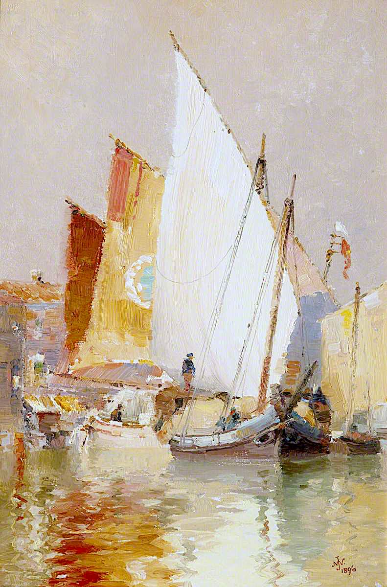 Fishing Boats, Venice, vintage artwork by John Miller Nicholson, 12x8" (A4) Poster