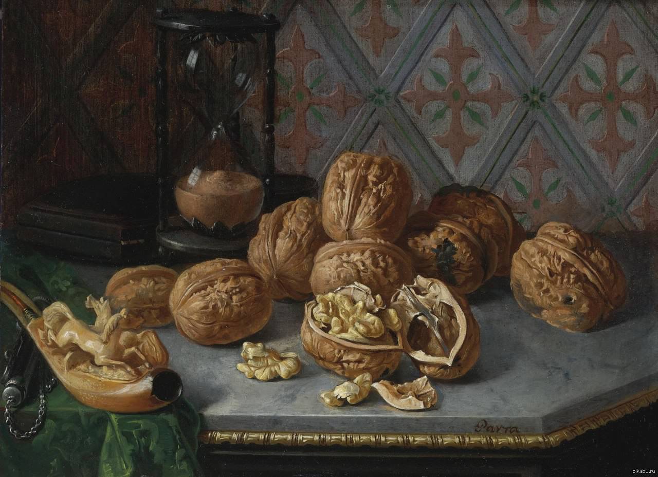Still life with walnuts, hourglasses on a gray marble ledge, vintage artwork by Jose Miguel Parra, 12x8" (A4) Poster