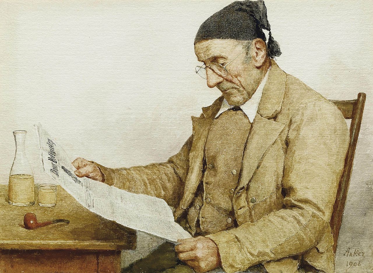 Grandfather with Newspaper, vintage artwork by Albert Anker, 12x8" (A4) Poster