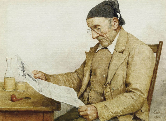 Grandfather with Newspaper, vintage artwork by Albert Anker, 12x8" (A4) Poster