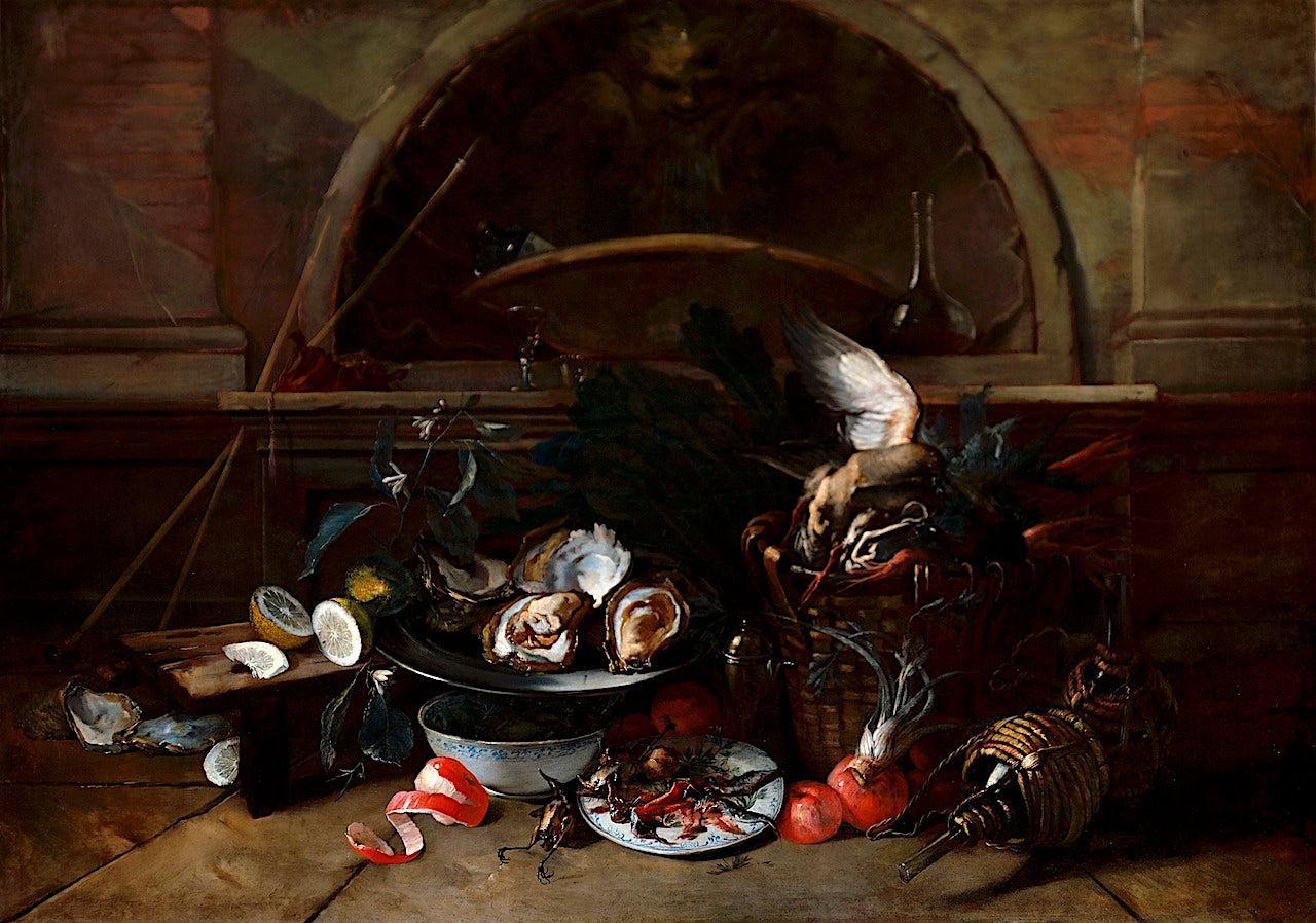 Still Life with Bottles and Oysters, vintage artwork by Nicola van Houbraken, 12x8" (A4) Poster