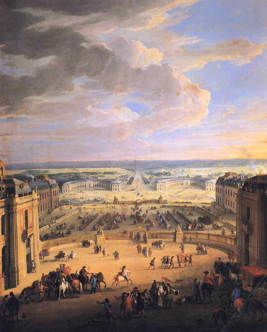 View of the Forecourts of the Chateau de Versailles and the Stables, vintage artwork by Jean-Baptiste Martin, 12x8" (A4) Poster