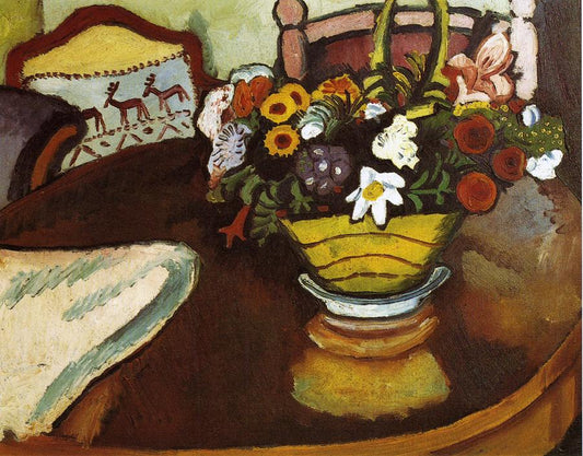 Still Life with Stag Cushion and Flowers, vintage artwork by August Macke, 12x8" (A4) Poster