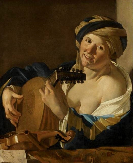 A woman playing the lute, vintage artwork by Dirck van Baburen, 12x8" (A4) Poster