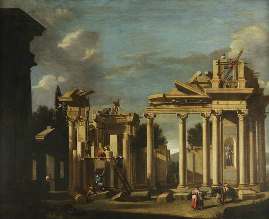The Building of a Classical Temple in a Landscape, vintage artwork by Marco Ricci, 12x8" (A4) Poster