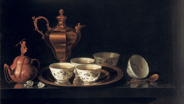 Still Life with Tea Set, vintage artwork by Pieter Gerritz. van Roestraten, 12x8" (A4) Poster