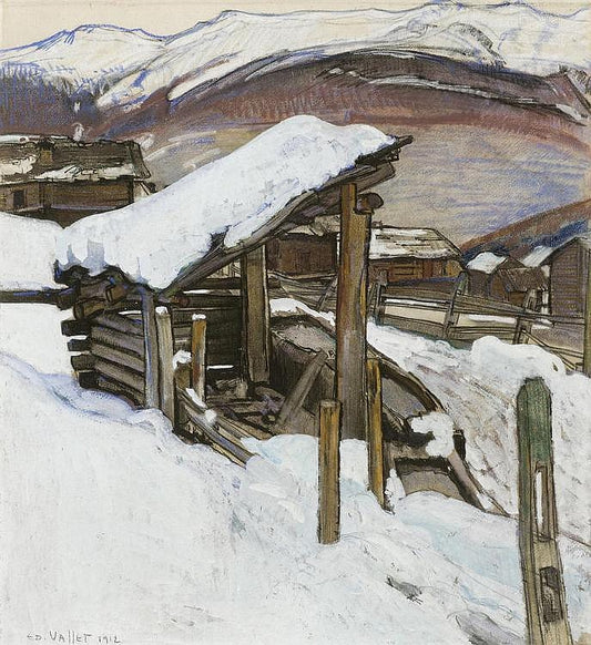 Village landscape in winter in the Valais, vintage artwork by Edouard Vallet, 12x8" (A4) Poster