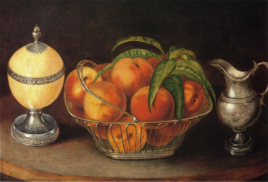 Basket of Peaches with Ostrich Egg and Cream Pitcher, vintage artwork by Rubens Peale, 12x8" (A4) Poster