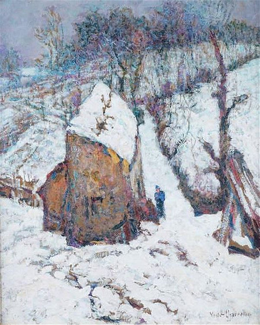 Mountain Farm with Snow, vintage artwork by Victor Charreton, 12x8" (A4) Poster