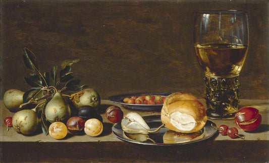 Still Life:  Fruit, Bread and a Goblet on a Table, vintage artwork by Floris van Schooten, 12x8" (A4) Poster