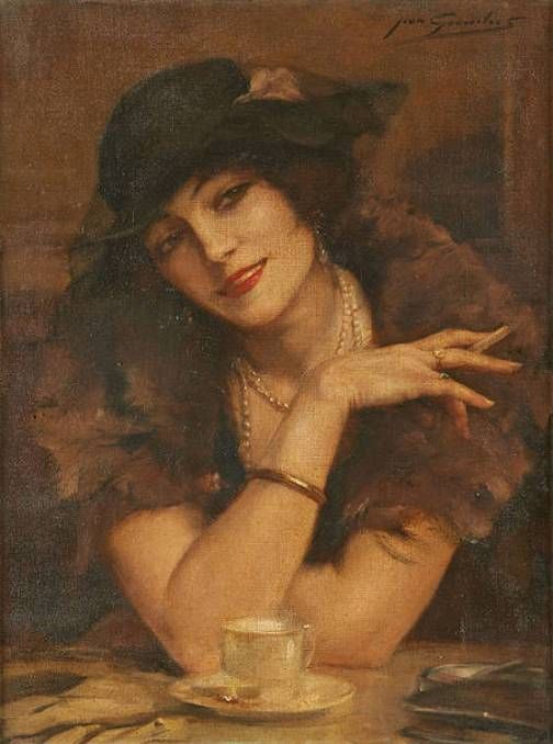 Woman in the Cafe, vintage artwork by Jean Leon Henri Gouweloos, 12x8" (A4) Poster