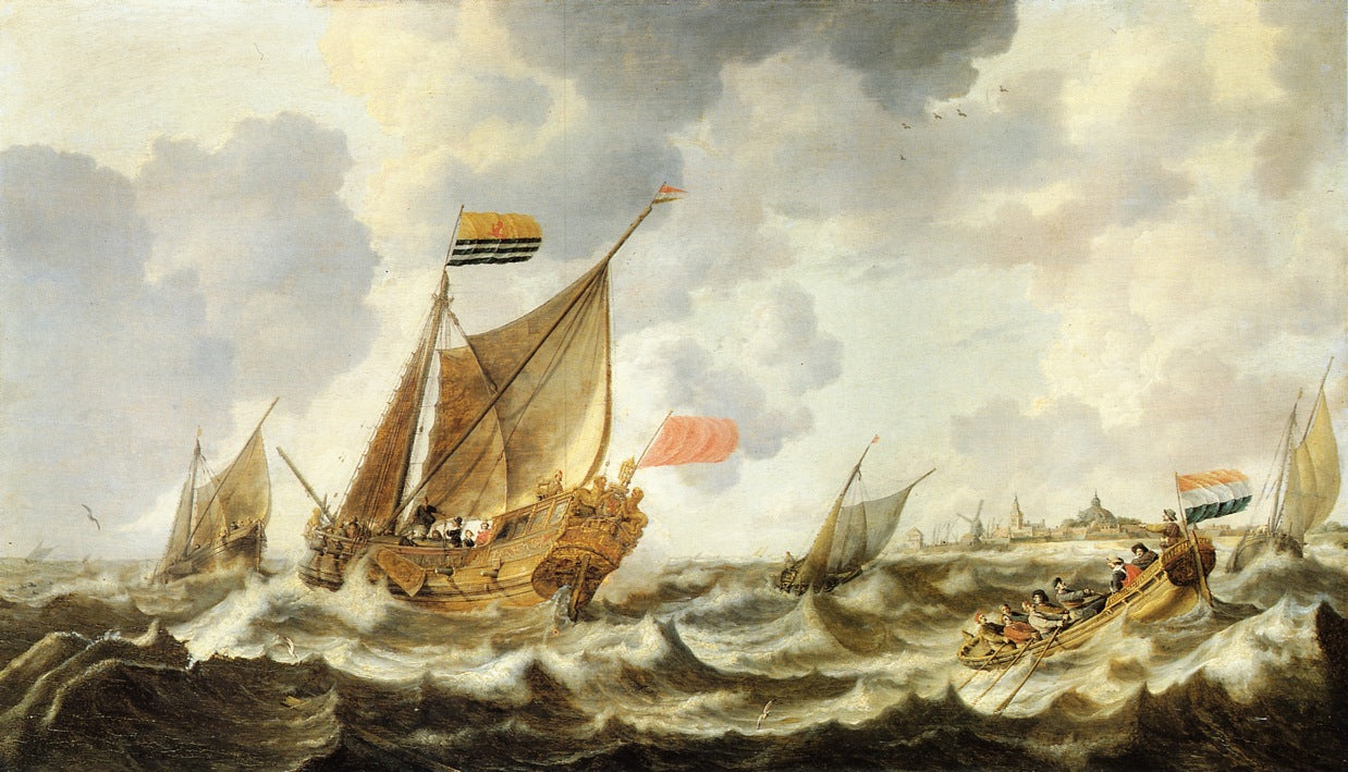 A Rowing Vessel approaching a Zeeland States Yacht Firing a Salute, in Choppy Seas off Vlissingen, with Other Shipping Beyond, vintage artwork by Bonaventura Peeters the Elder, 12x8" (A4) Poster
