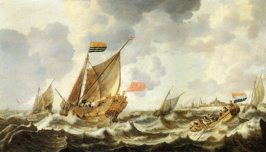 A Rowing Vessel approaching a Zeeland States Yacht Firing a Salute, in Choppy Seas off Vlissingen, with Other Shipping Beyond, vintage artwork by Bonaventura Peeters the Elder, 12x8" (A4) Poster