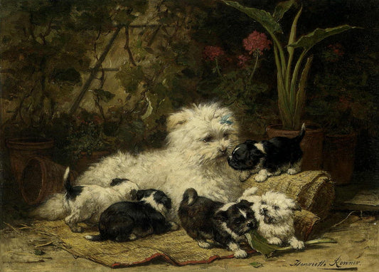 A Cairn Terrier and Her Puppies, vintage artwork by Henriette Ronner-Knip, A3 (16x12") Poster Print