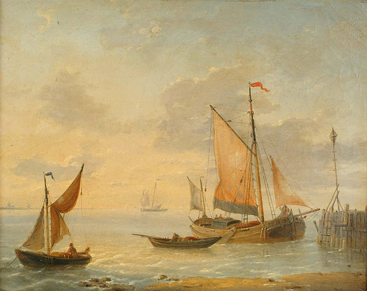 Fishing vessels off a coast, vintage artwork by Charles Louis Verboeckhoven, A3 (16x12") Poster Print