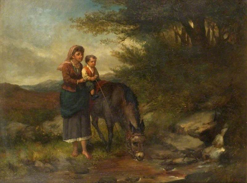Woman Supporting a Boy on a Donkey by  a Stream, vintage artwork by Charles Hunt, Sr., A3 (16x12") Poster Print