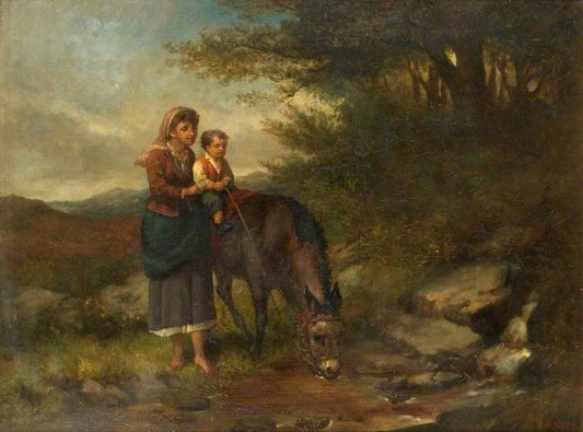 Woman Supporting a Boy on a Donkey by  a Stream, vintage artwork by Charles Hunt, Sr., A3 (16x12") Poster Print