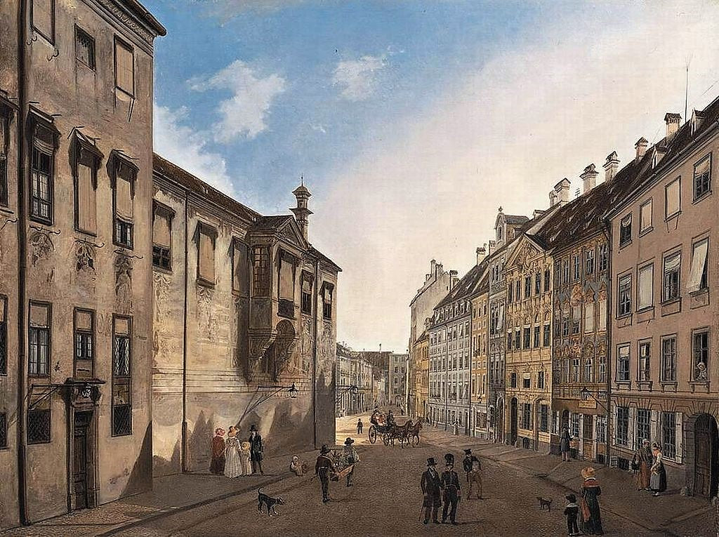 Residenzstrasse Looking Towards Max-Joseph-Platz in 1826, vintage artwork by Domenico Quaglio the Younger, 12x8" (A4) Poster