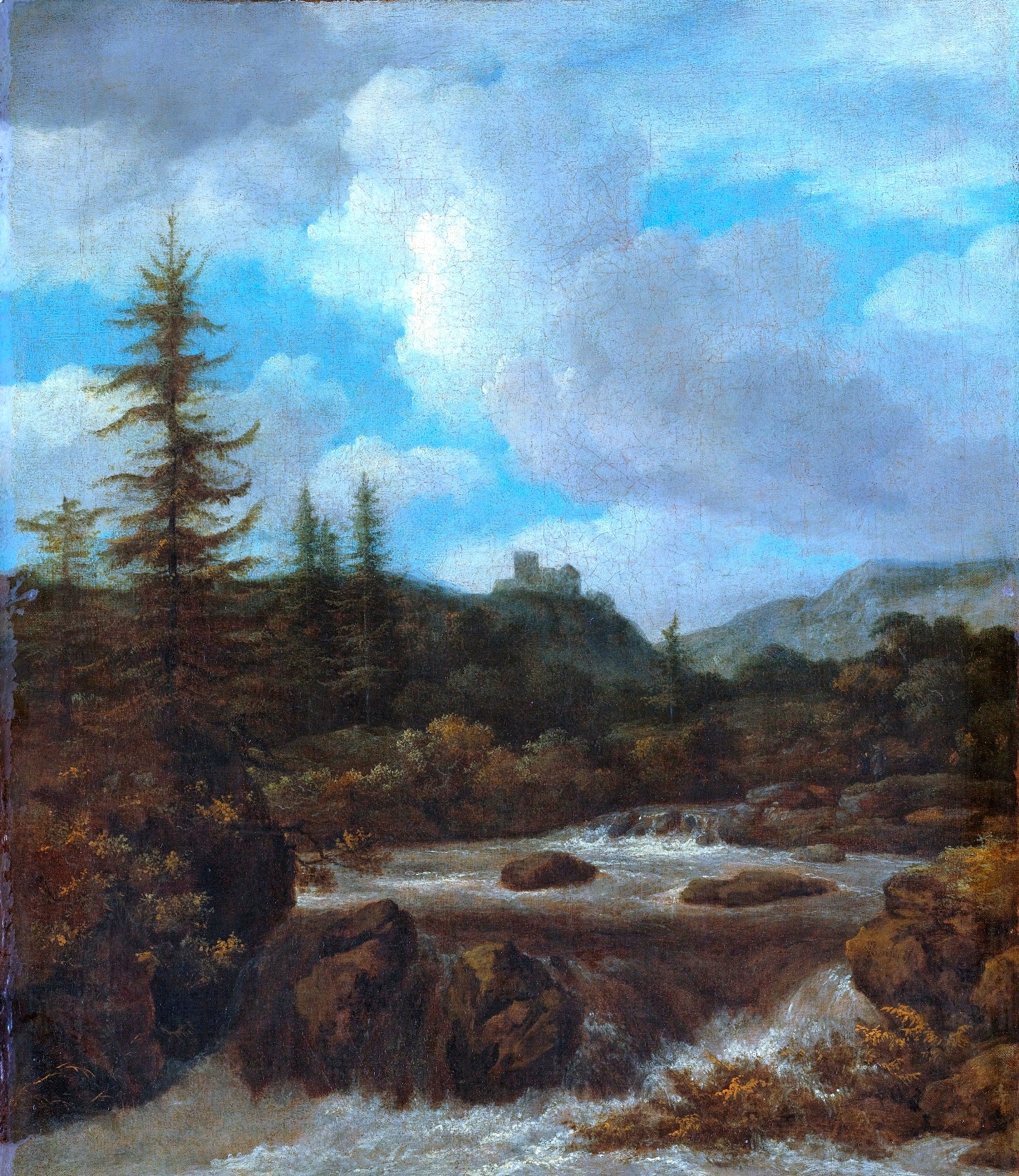 Landscape with a waterfall near a castle, vintage artwork by Jacob van Ruisdael, 12x8" (A4) Poster