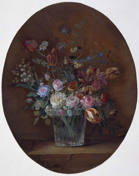 A glass containing roses, tulips, lily of the valley and violas, vintage artwork by Anne Vallayer-Coster, 12x8" (A4) Poster