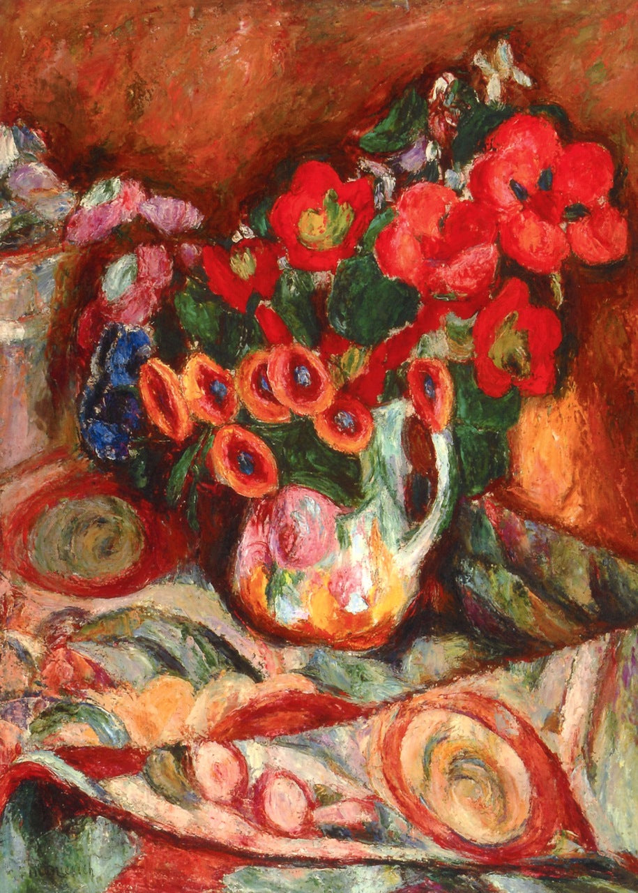 Flowers on a Patterned Tablecloth, vintage artwork by Abraham A. Manievich, 12x8" (A4) Poster