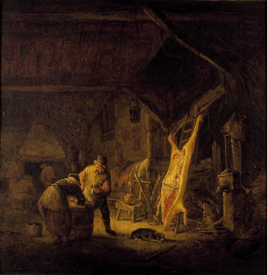 A Barn Interior with Peasants Standing before a Hog Carcass, vintage artwork by Isaac van Ostade, 12x8" (A4) Poster