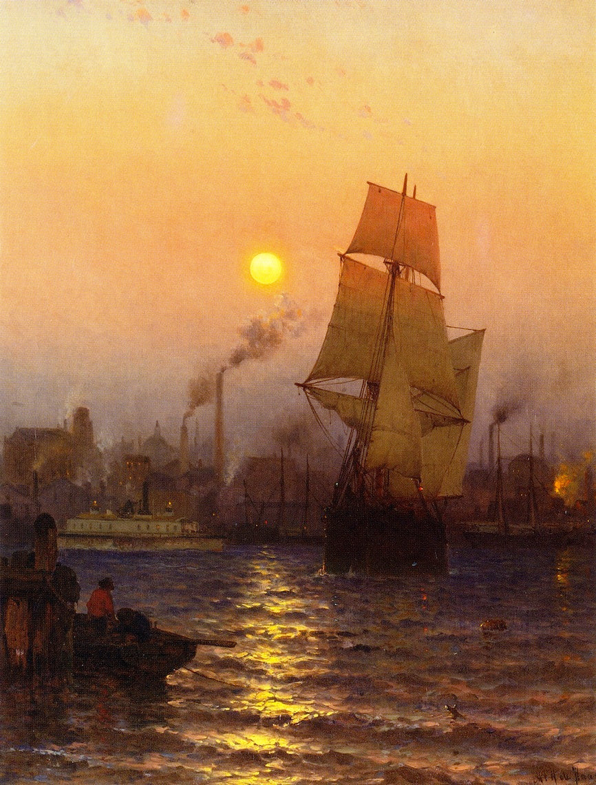 Shipping in Harbor by  Moonlight, vintage artwork by Mauritz F. H. De Haas, 12x8" (A4) Poster