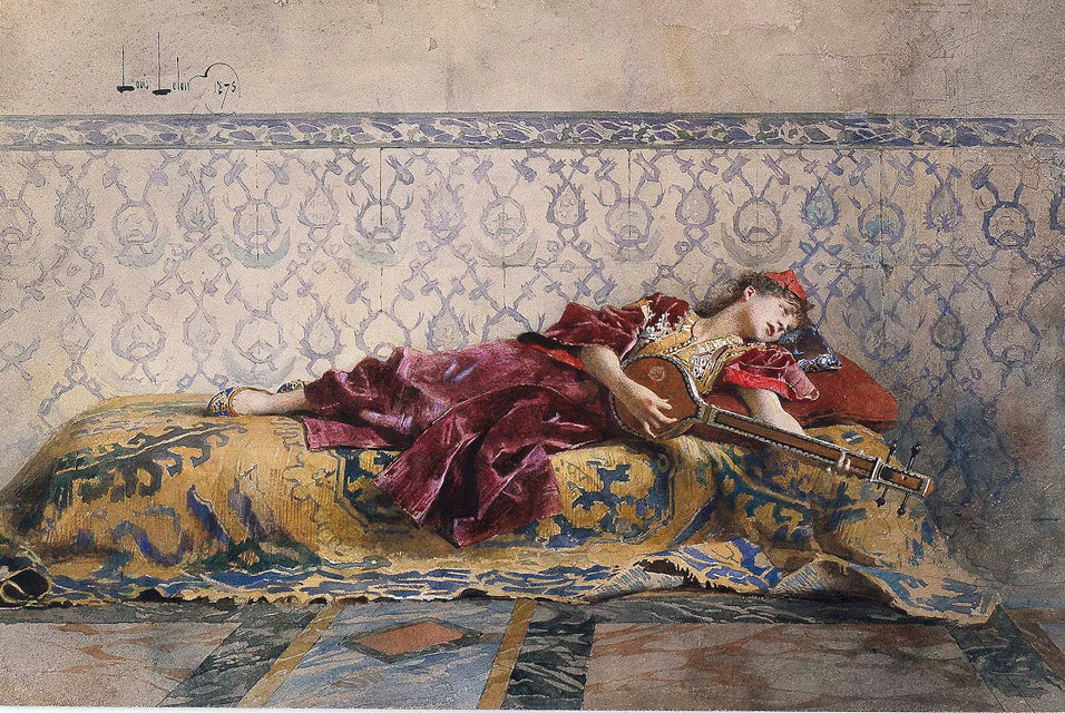 Moroccan Girl, Playing a Stringed Instrument, vintage artwork by Alexander Louis Leloir, 12x8" (A4) Poster