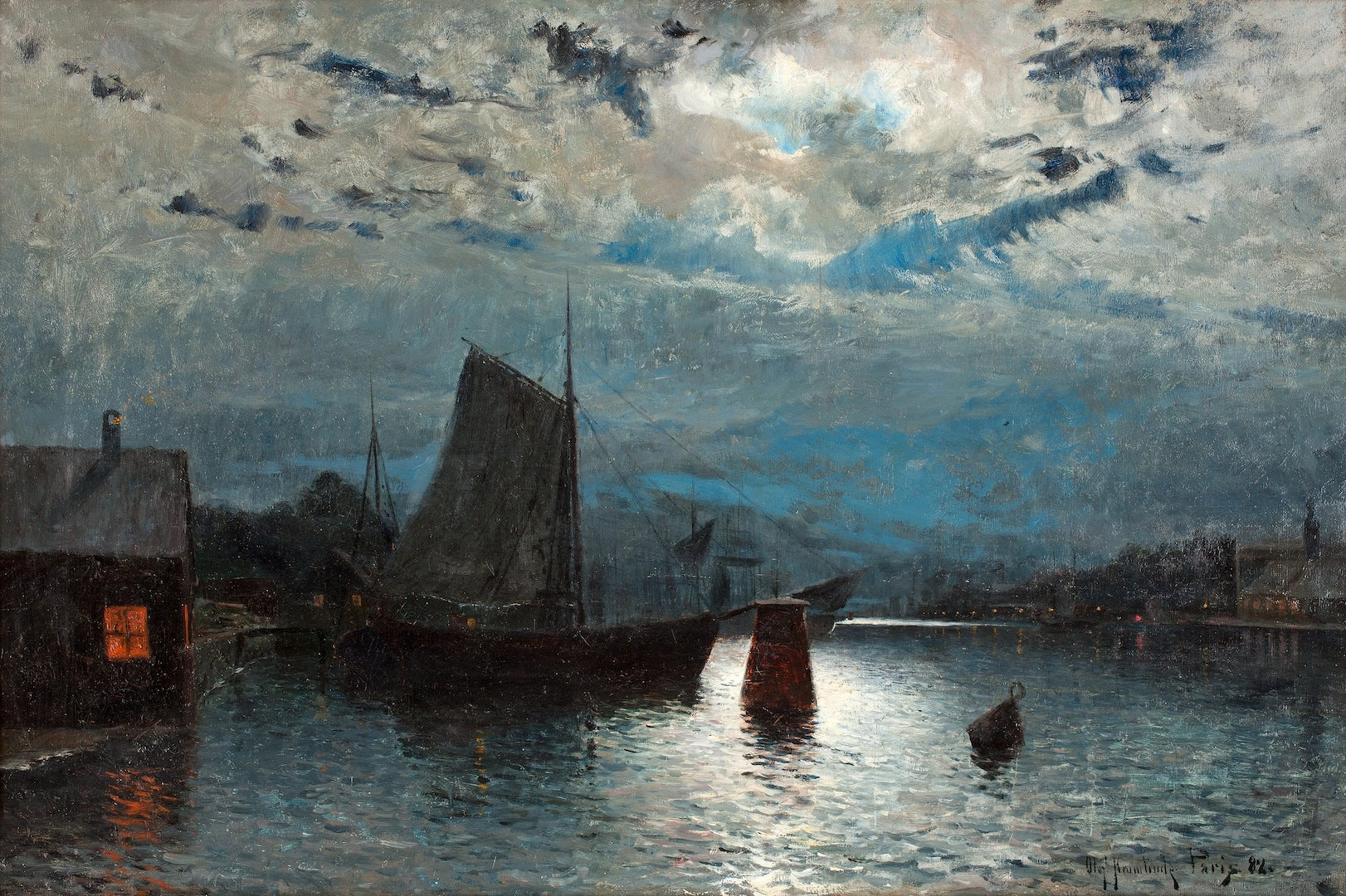 River Landscape in the Moonlight, vintage artwork by Olof Krumlinde, 12x8" (A4) Poster
