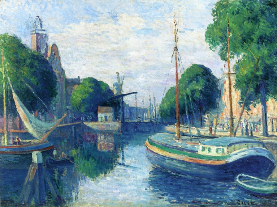 Barges on a Canal at Rotterdam, vintage artwork by Maximilien Luce, 12x8" (A4) Poster